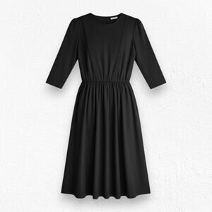 Vintage 1970s Black Midi Dress Minimalist Fit & Flare Semi-Sheer Dress Size 12